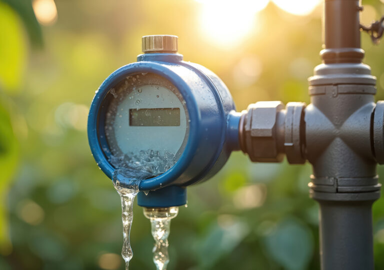 Ein Wasserzähler, aus dem Wasser läuft.
