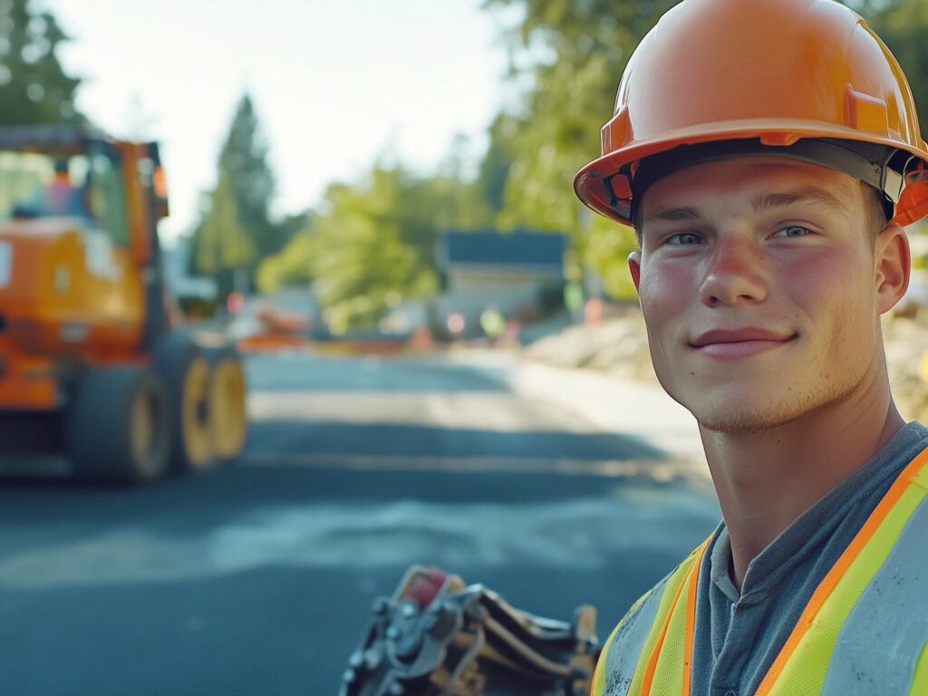 Straßenbauer mit Maschine