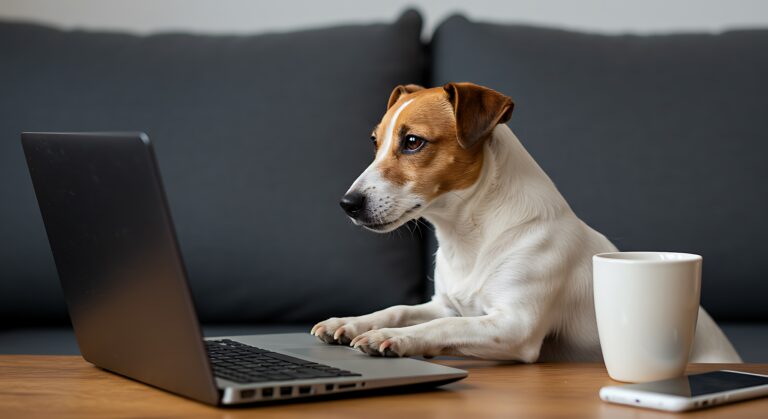Hund sitzt vor dem Laptop