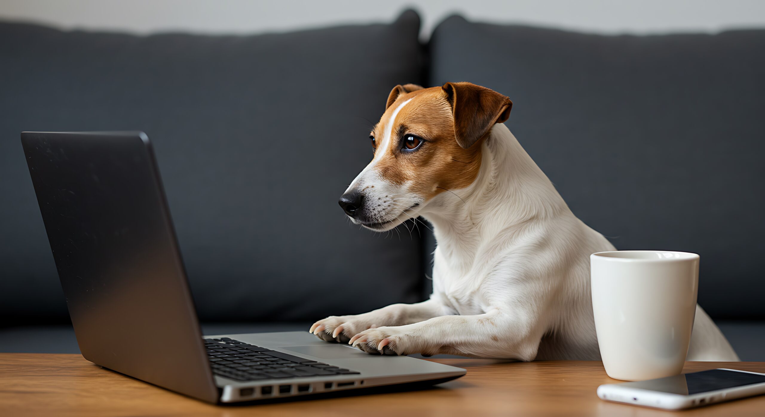 Hund sitzt vor dem Laptop